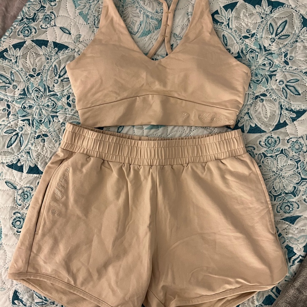 Beige G Athletica Sports Bra and Shorts Set